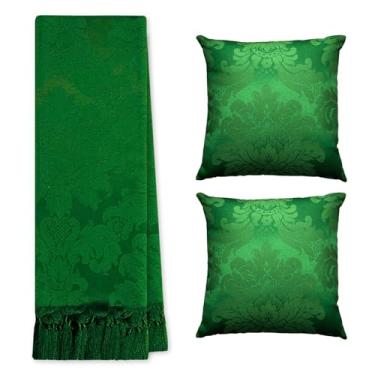 Imagem de Jogo Manta Xale para Sofá Artesanal com Franjas 1,40 x 1,80 com 2 Capas de almofadas (153 VERDE BANDEIRA)