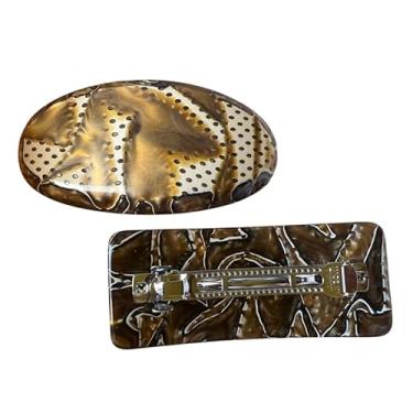 Imagem de Par Presilha Prendedor de Cabelo Retrô Madreperola Luxo Tamanho Grande Oval e Retangular - Marrom Claro