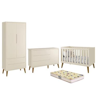 Imagem de Dormitório Infantil Theo Retrô 2 Portas, Cômoda 1 Porta, Berço com Pés Amadeirado e Colchão D18 - Reller Móveis Areia Fosco