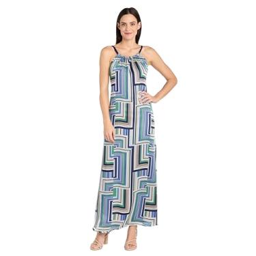 Imagem de R&M Richards Geo Breezy Vestido longo com tiras amarradas nas costas com decote franzido, Azul/verde, 44