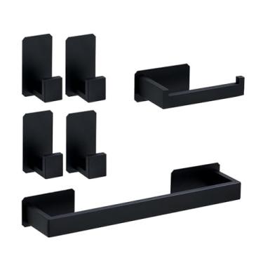 Imagem de Kit de ferragens para banheiro autoadesivo preto, suporte para papel higiênico de aço inoxidável, gancho para barra de toalha, acessórios para banheiro, conjunto de 6 peças A