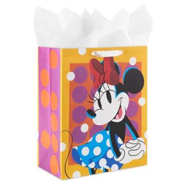 Imagem de Hallmark Disney Bolsa de presente grande de 33 cm com papel de seda (Minnie Mouse, amarelo e laranja com bolinhas rosa) para aniversários, crianças, adultos e fãs