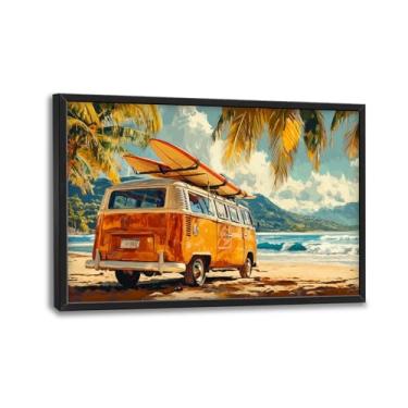Imagem de Arte de parede de ônibus de prancha de surfe de praia grande para sala de estar, tela de paisagem costeira, decoração de parede grande, imagens emolduradas à beira-mar, arte impressa para quarto