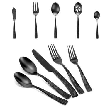 Imagem de Kelenfer Conjunto de talheres de prata 45 peças preto fosco martelado com utensílios de servir, conjunto de talheres de aço inoxidável polido fosco para casamento, hotel, restaurante, serviço para 8