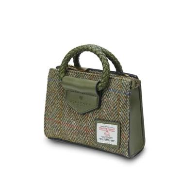 Imagem de Islander Bolsa Mini Arran com alça removível feita de Harris Tweed e couro de microfibra, Espinha de peixe castanha