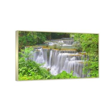 Imagem de MUHJDYC Moldura prateada - Verão verde árvore folhas cachoeira impressões em tela - paisagem arte de parede imagem natureza - decoração moderna sala de estar pronto para pendurar 30x50cm-12x19in