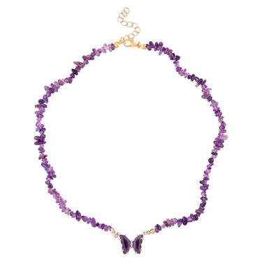 Imagem de MINACHI Colar de contas de ametista criada com pingente de borboleta roxa profunda, corrente de ouro ajustável, joia de verão presente para mulheres, Medium, Strass, Sem Pedra Preciosa