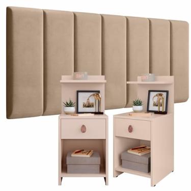 Imagem de CONJUNTO QUARTO KIT MOZAO COM CABECEIRA MODULADA + KIT CRIADO CAMA MUDO 2 MESA DE CABECEIRA CASAL COM GAVETA (BEGE - OFF WHITE)