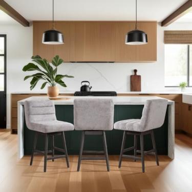 Imagem de Armen Living Banqueta giratória Elias Gray estofada de madeira maciça 66 cm com assento de tecido cinza - conjunto de 3