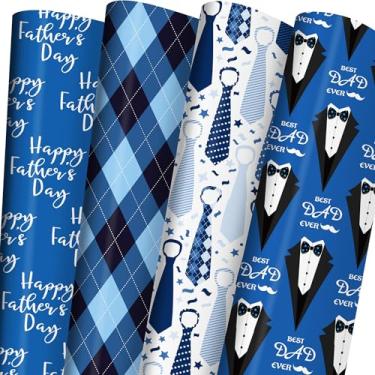 Imagem de Cuitpan Papel de embrulho para o Dia dos Pais – Papel de embrulho azul para homens com feliz Dia dos Pais, terno, gravata, chapéu, bigode e design xadrez – 50 × 73 cm, 8 folhas dobradas fáceis de
