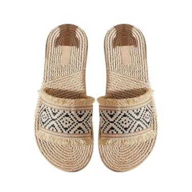 Imagem de OYOANGLE Sandália feminina trançada de palha, tira única, bico aberto, sandália Boho com franja, Bege, 37