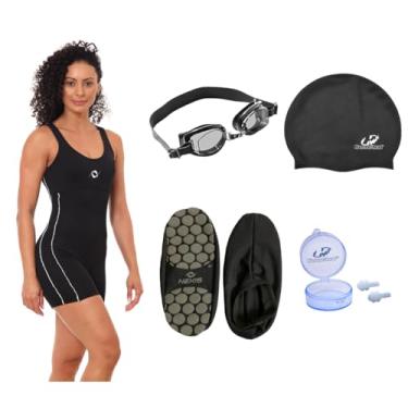 Imagem de Kit Macaquinho Natação Hidroginástica Óculos + Touca + Protetor E Sapatilha Antiderrapante (Sapatilha Preto P - Óculos Preto, M)