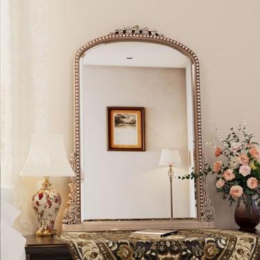 Imagem de Espelho de parede, espelho de banheiro esculpido vintage 56 cm x 81 cm espelho de parede com moldura de metal antigo para quarto, sala de estar, entrada, lareira, corredor, prata