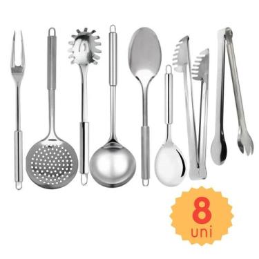 Imagem de Kit de Utensilios de Cozinha em Inox 8 pçs Concha Colher Escumadeira P