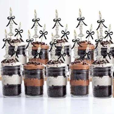 Imagem de 24pcs Bow & Candlestick Cupcake Toppers No Need DIY Elegant Paper Glitter Bow Short & Tall Toothpicks for Dessert Swiss Roll Cocktail Food Fruit Party Supplies (Cup cake, Black & White)