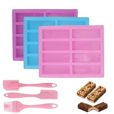 Imagem de 3 peças de molde de barra de granola com 3 espátulas, molde de barra de chocolate WATUNID de 8 cavidades profundas, moldes retangulares para doces de barra energética, moldes de silicone para assar