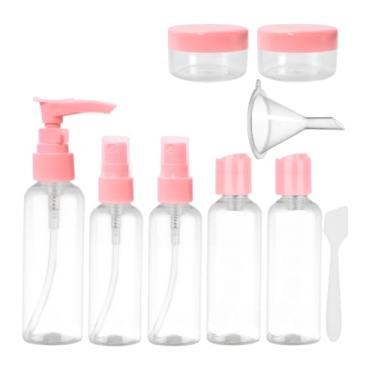 Imagem de Kit Frascos para Viagem 9 Peças – Frascos Portáteis Reutilizáveis para Shampoo, Sabonete, Cremes, Cosméticos, Líquidos – Mini Potes Plásticos para Mala de Mão e Necessaire - Shop100 (Rosa)