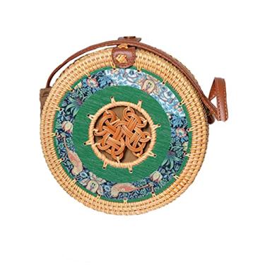 Imagem de SHAREYOIU Bolsas de ombro redondas de vime estampadas à mão estilo praia tropical natural chique com alça de couro, 2 # verde, Big，7.87x 3.2 inch