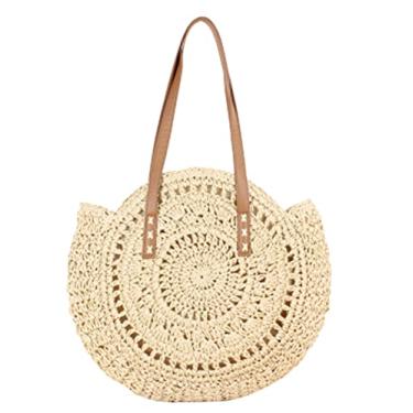 Imagem de SHAREYOIU Bolsa feminina de ombro redonda de palha para férias de praia grande bolsa de mão de tecido feita à mão para o verão, G Bege, Large