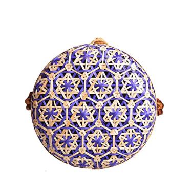 Imagem de SHAREYOIU Bolsas de ombro redondas de bambu tecidas à mão, estilo tropical de praia natural chique com alça de couro, Roxa, Big，7.87x 3.2 inch