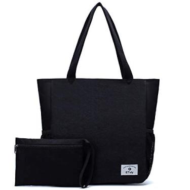 Imagem de ETidy Bolsa feminina dobrável de grande capacidade com zíper, impermeável, à prova de areia, bolsa de praia, bolsa de ginástica, bolsa de compras de viagem, Preto, Large, Uso diário casual