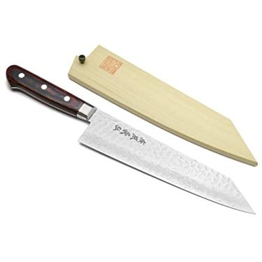 Imagem de Yoshihiro VG-10 Faca de cozinheiro japonesa multiuso com ponta de espada martelada Damasco Kiritsuke 20,3 cm (Alça de mogno estilo ocidental), Prata, Magnolia Saya Cover, 1