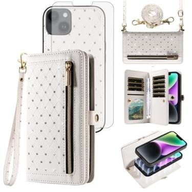 Imagem de Capa de celular para iPhone 14 6,1 polegadas carteira magnética destacável com protetor de tela alça transversal cordão Bling Glitter Flip crédito iPhone14 5G i i-Phone i14 14 capa feminina branca