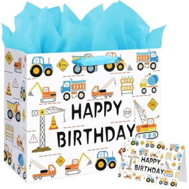 Imagem de Bolsa grande de presente de feliz aniversário de 42 cm para bebês meninos e crianças com papel de seda e cartão (veículo de construção)