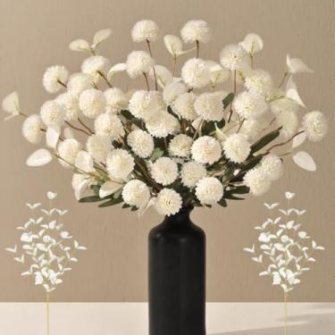 Imagem de 10 peças de flores falsas de seda sintética, mini crisântemos falsos a granel com 2 hastes de eucalipto, flores artificiais kiku para vaso de mesa faça você mesmo, buquê de arranjos florais, branco