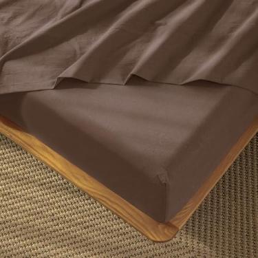 Imagem de MooMee Lençol de baixo com elástico apenas 100% algodão lavado como linho texturizado respirável durável macio confortável bolso profundo cabe em colchões de até 43 cm (marrom, casal)