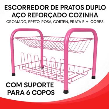 Imagem de Escorredor Duplo De Louça 2 Andares Aço Reforçado Prato Copo Pé Emborrachado Premium Design Moderno Prático Pronto para Uso (Rosa)