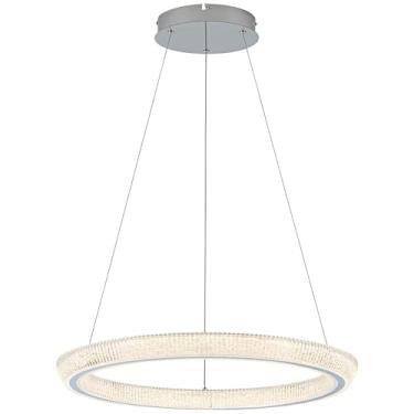 Imagem de BESTWEST Lustre de cristal de níquel escovado moderno de 59,9 cm, luminária de sala de jantar de altura ajustável sobre mesa, luzes pendentes penduradas para ilha de cozinha, entrada, hall de entrada