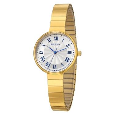 Imagem de BERNY Relógios dourados vintage para mulheres, relógio de pulso feminino delicado, relógios analógicos femininos de quartzo com aço inoxidável, pulseira de expansão patenteada 3ATM, índices romanos