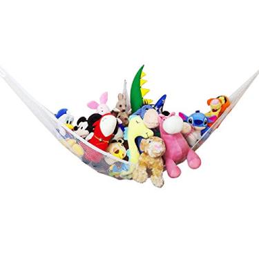 Imagem de Rede de brinquedo para animais de pelúcia, organizador de brinquedos de malha grande jumbo de 203 cm com ganchos de metal, rede de armazenamento triangular extragrande branca (rede de brinquedo)