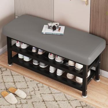 Imagem de Banco Estofado e Sapateira 2 Prateleiras Organizadoras Assento Hall de Entrada Organizador de Sapatos Industrial Puff (80x30x49-Cinza)