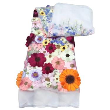 Imagem de Tecido bordado, 1 jarda multicolorido flores 3D tecido de renda bordado pesado para vestidos de costura jaqueta jeans (malha branca, 1 jarda) floral