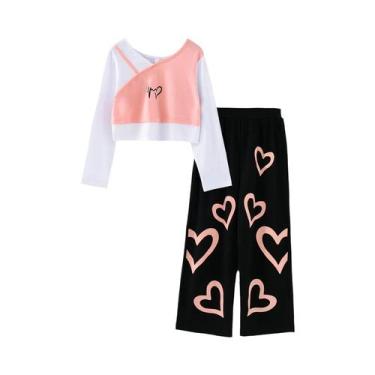 Imagem de Conjunto Infantil De Manga Comprida Com Estampa De Coração Rosa Para M