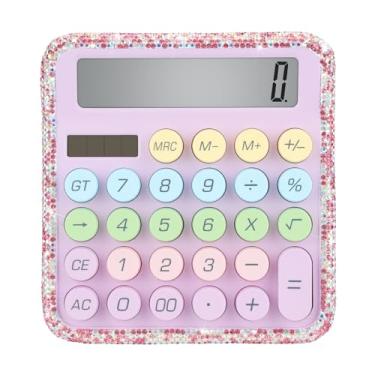 Imagem de Calculadora padrão colorida de cristal brilhante com visor de 12 dígitos e botões grandes, adequada para escritório, escola, casa e uso comercial (rosa)