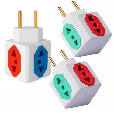 Imagem de KIT Com 3 Adaptadores Benjamim Cubo 3D Com 4 Entradas de Tomada 10 Amperes E 1 Entrada de Tomada 20 Amperes CORES SORTIDAS Plug Padrão Novo 2 Pinos Resistente PREMIUM