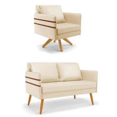 Imagem de Kit 01 Namoradeira 02 Lugares E 01 Poltrona Mari Corino Base De Madeira Ma30 - D'Rossi Bege