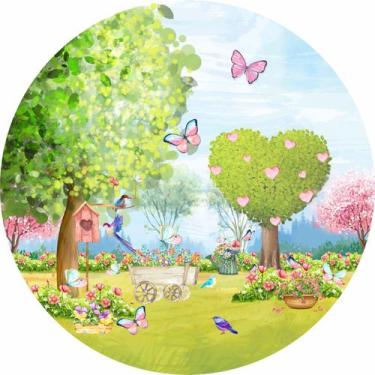 Imagem de Painel de Lona Redondo Jardim Aquarela Pássaros e Borboletas - Fabrika