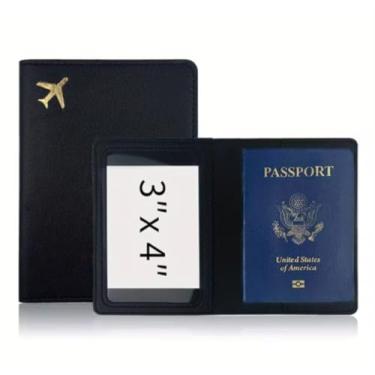 Imagem de Porta-Passaporte em Couro com Compartimento para Cartão, Capa Protetora de Viagem com Emblema de Avião, Azul Marinho