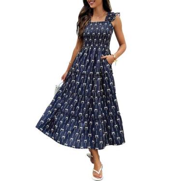 Imagem de Vestido maxi ECOWISH feminino sem mangas, gola quadrada, azul marinho