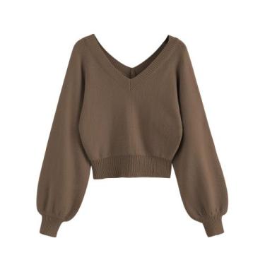 Imagem de Suéter feminino ZAFUL cortado com decote em V e manga comprida Coffee 