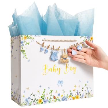 Imagem de Crisky Bolsa de presente grande de 33 cm com papel de seda, cartão de presente e laço para decoração de festa de aniversário infantil para chá de bebê (possui faixa de macacão e laço azul)