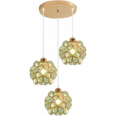 Imagem de WLHAZMWY Candeeiro pendente ajustável com 3 luzes, lâmpada suspensa em forma de pétala empilhada, decoração nórdica, base E26e27 (verde)