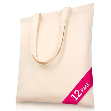 Imagem de Phicorn Sacolas de lona em branco a granel - 198 g 100% algodão, 38 x 40 cm, sacolas de compras reutilizáveis - sacola simples para artesanato e pintura, Bege, Large