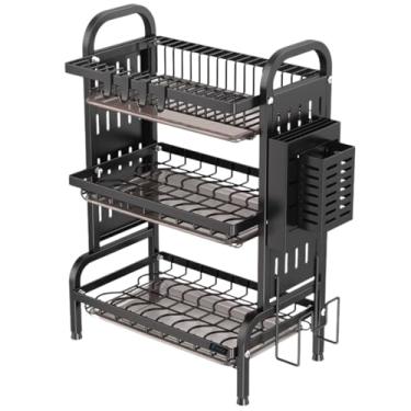 Imagem de Escorredor de Louça LEUZZA Inox 3 Andares com Bandeja Coletora de Água e Base Antiderrapante Modular, Versátil e Antiferrugem Preto Porta-Pratos Talheres Copos Organização Casa e Cozinha Suspenso