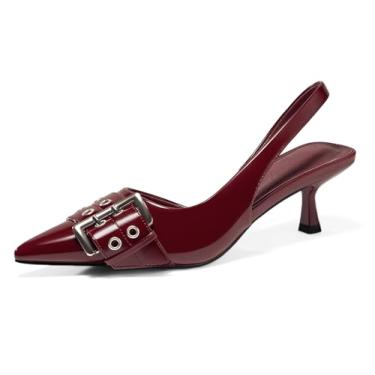 Imagem de PiePieBuy Sapato social feminino Slingback Kitten salto baixo fechado bico fino D'Orsay fivela cravejado, Vinho tinto, 38