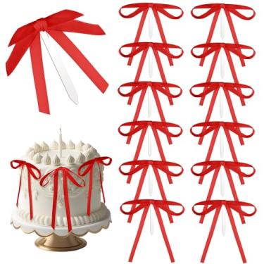 Imagem de Teenyyou 12 peças de topos de bolo de fita de laço vermelho 12 x 17,8 cm enfeites de bolo de cetim decorações de festa para casamento nupcial revelar chá de bebê artigos de despedida de solteira